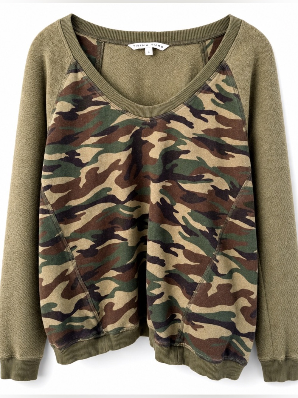 Trina Turk Olive Camo Raglan Sweatshirt Size Large